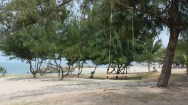 Rüzgar ve dalga ahşap Bank ile salıncaklar oyuncak sabah zaman yasağı Pae Beach Rayong, Tayland