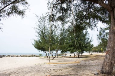 R Ban Pae plajda ahşap tezgah salıncak oyuncak ile Rüzgar ve dalga