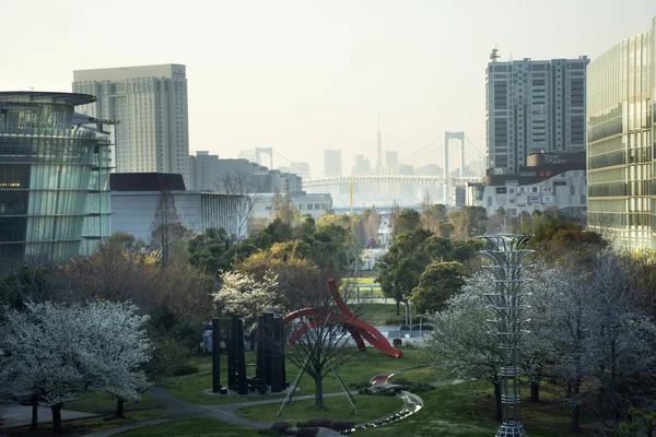 Bekijk landschap en stadsgezicht Odaiba Downtown vanaf de mrt-treinbaan — Stockfoto