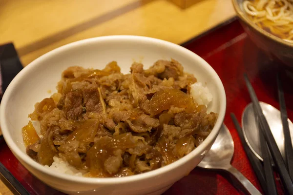 Japansk mat kött gyudon med ris eller vitlök stekt ris recept — Stockfoto