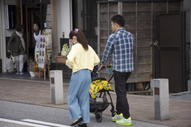 Japon aile halkı bebek arabası iterek ve yürüyüş seyahat visi