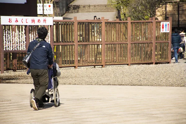 Японские семейные люди толкают инвалидное кресло и привозят отца — стоковое фото