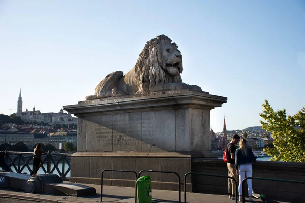 Budapest Hungary September Art Lion Statue Hungarians Travelers People Visit — Stock Photo, Image