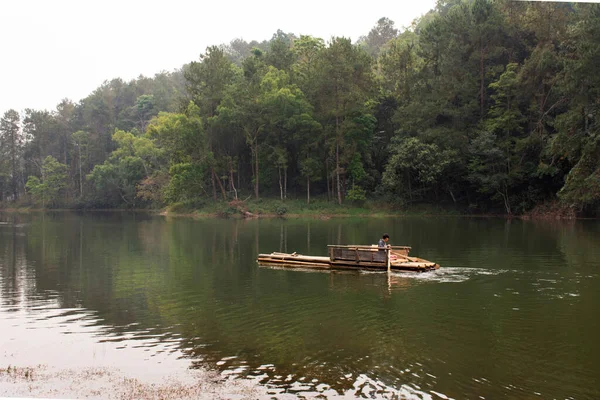 Thai Rower Waterman Rowing Bamboo Rafts Pang Ung Lake Service — Stock Photo, Image