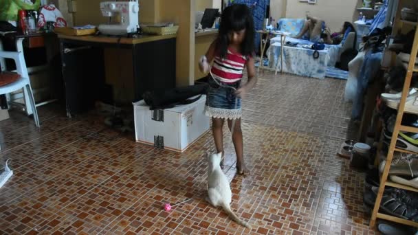 2020年7月2日 在泰国农塔布里 泰国女孩和家猫在家中玩玩具 — 图库视频影像