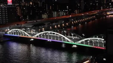 Japonya 'da, 21 Temmuz 2025' te Tokyo, Japonya 'da gece vakti Sumida Nehri' ni geçen Taito şehrinin mimari şehir manzaralı peyzaj gece lambası manzarasına bakın.