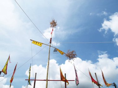Yantra prayer flags in chinese shrine for thai traveler people pilgrim use merit rite ritual of medium invoker possession deity angel god at Vegetarian Festival on October 20, 2012 in Phuket, Thailand