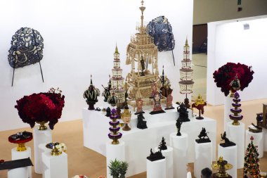 Decoration set of altar table of Wai khru Ceremony and ritual thai culture and traditional rite ancient animistic beliefs for respect blessing to holy buddha deity angel worship in Ayutthaya, Thailand