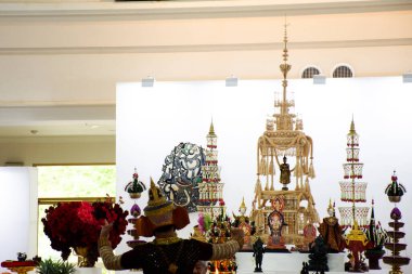 Decoration set of altar table of Wai khru Ceremony and ritual thai culture and traditional rite ancient animistic beliefs for respect blessing to holy buddha deity angel worship in Ayutthaya, Thailand