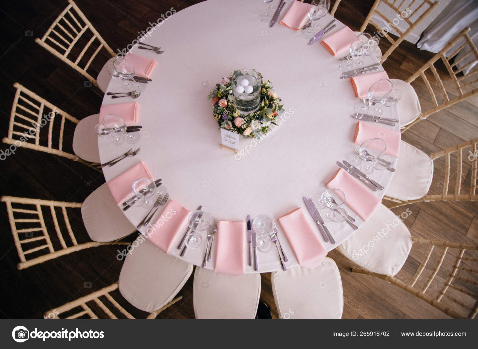 Top View Served Table Empty Chairs Wedding Reception Stock Photo