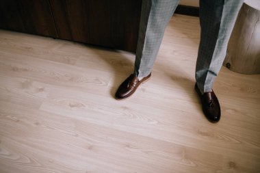 parke zemin üzerinde duran gri pantolon ve deri ayakkabı şık adam kırpılmış çekim