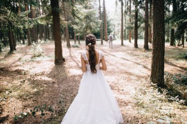 güneşli bir günde ormanda duran beyaz gelinlik güzel genç gelinin arka görünümü