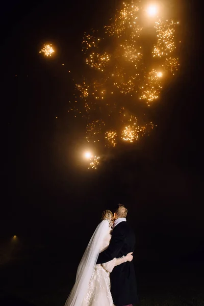 Widok Tyłu Pięknej Młodej Pary Ślubnej Patrząc Majestatyczne Fajerwerki Nocnym — Zdjęcie stockowe