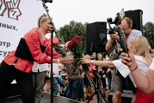 MINSK, BELARUS - JULY 19, 2020: Meet of presidential candidate Svetlana Tikhanovskaya in the Park of Peoples Friendship. Joint Staff: Svetlana Tikhanovskaya, Victor Babariko and Valery Tsepkalo.