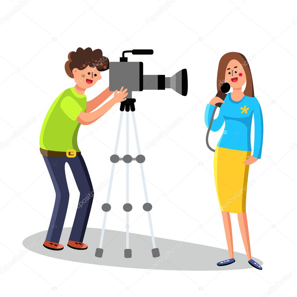 Cameraman Character Shoots Reporter Report Vector Illustration