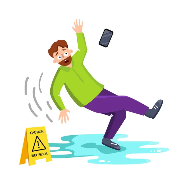 Mann fällt auf nassen Boden in der Nähe von Warnschild-Vektor — Stockvektor