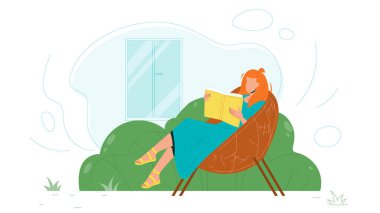 Kadın sandalyeye oturur ve veranda vektöründe kitap okur.