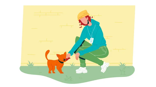 Žena dobrovolník krmit bezdomovec kočka vektor ilustrace — Stockový vektor