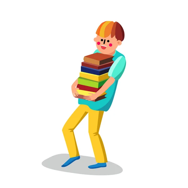 Alfabetização menino estudante carrega um monte de livros Vector — Vetor de Stock