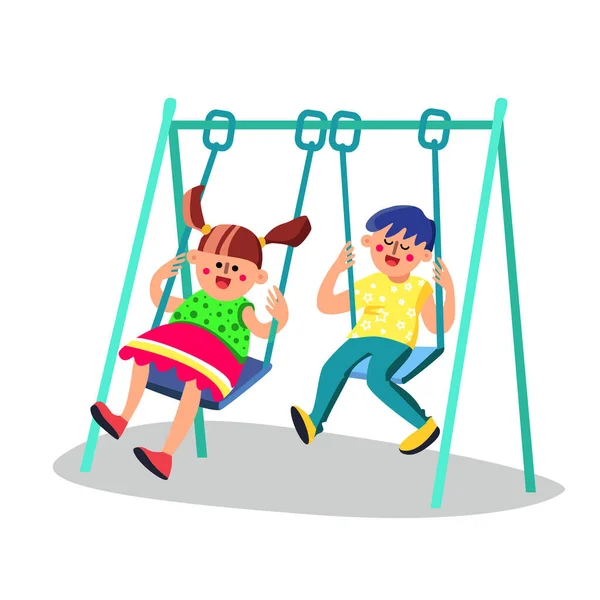 Carino bambini avendo divertente su swing in parco giochi vettoriale — Vettoriale Stock