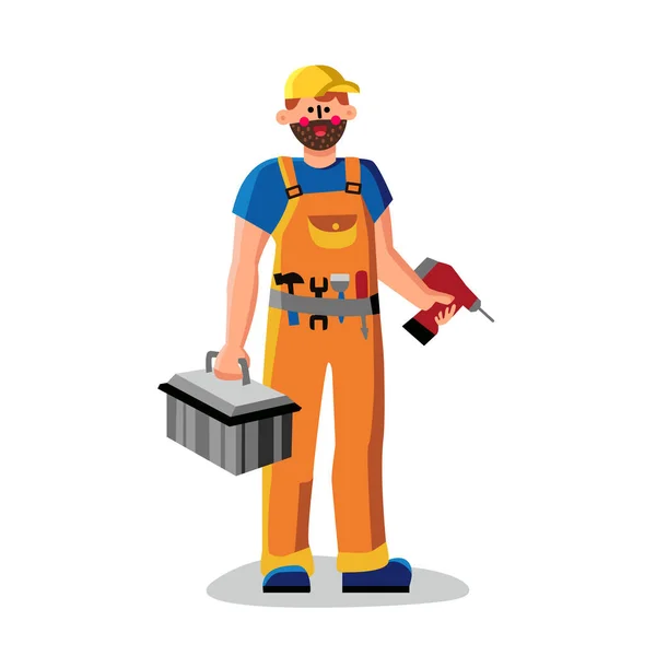 Repair Man Holding Drill And Instrument Box Vector — Stock Vector