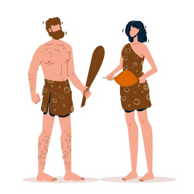 Mağara Adamı İlkel Adam Kadın Vektörle Konuşuyor