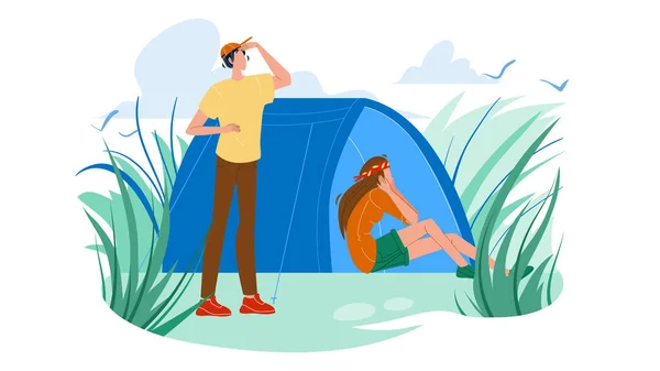 Палаточный лагерь и туристы Мужчина и женщина Вектор — стоковый вектор
