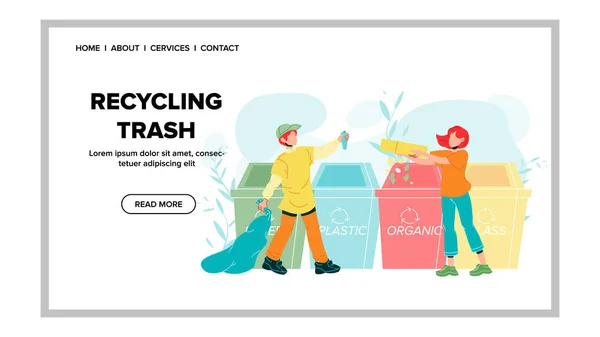 Recycling Trash Rubbish Throw Boy And Girl Vector — Stock Vector