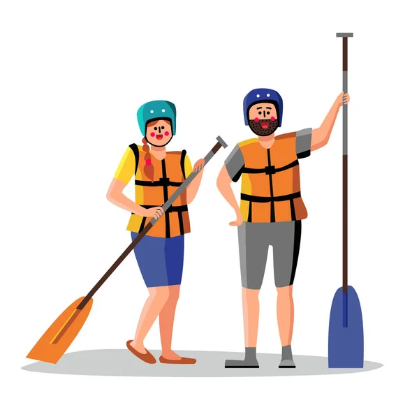 Rafting mensen dragen Life Vest Hold Paddle Vector — Stockvector