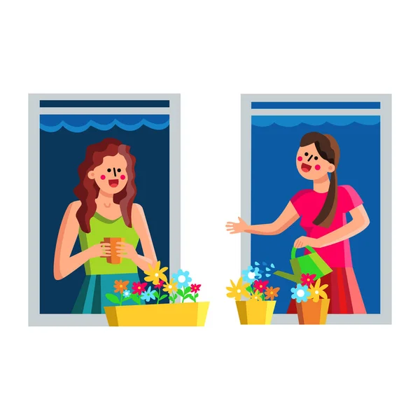 Mujeres vecinas discutiendo a través de la ventana Vector Ilustración — Vector de stock