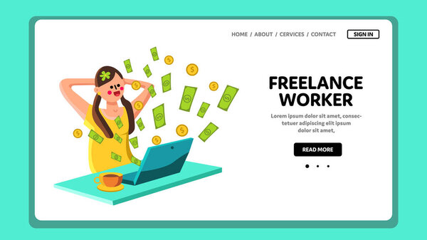 Freelance Worker Girl Working On Computer Vector