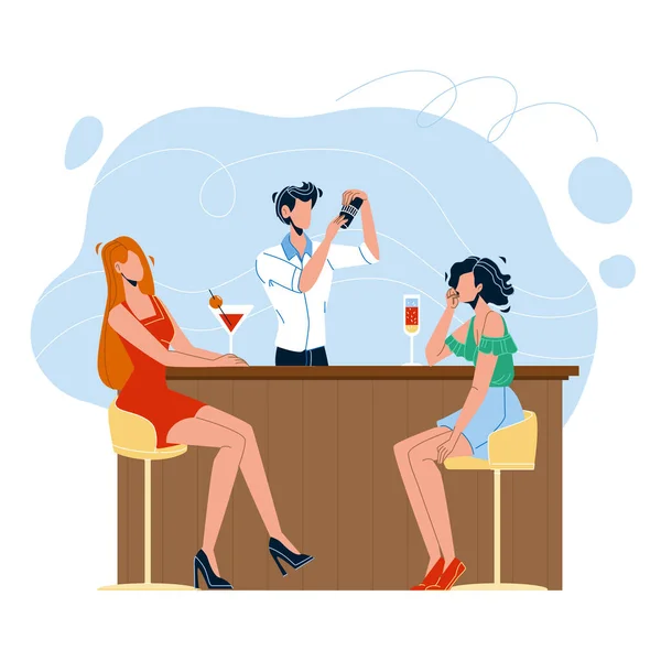 Barman faisant cocktail alcoolisé pour les femmes vecteur — Image vectorielle