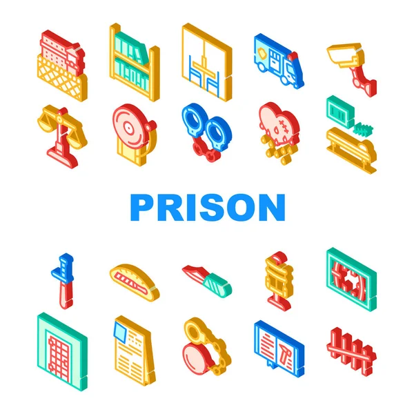 Gevangenisgebouw en accessoire-pictogrammen Vector instellen — Stockvector