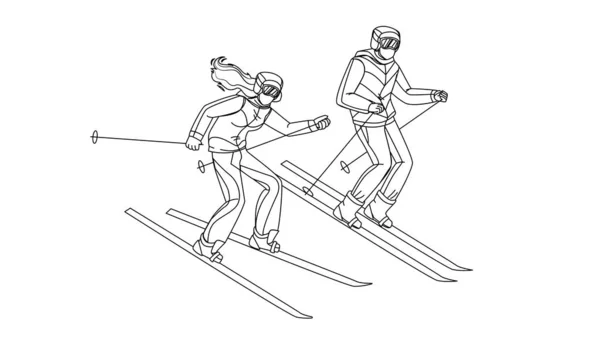 Man And Woman Skiing Downhill From Hill Vector — Stock Vector