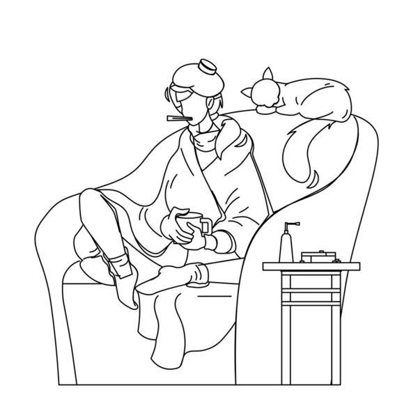 流感女童与体温向量坐在扶手椅上 — 图库矢量图片
