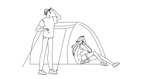 Acampamento Tent And Tourists Man And Woman Vector —  Vetores de Stock