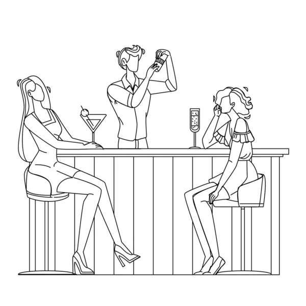 Barman che fa cocktail alcolici per le donne vettoriale — Vettoriale Stock