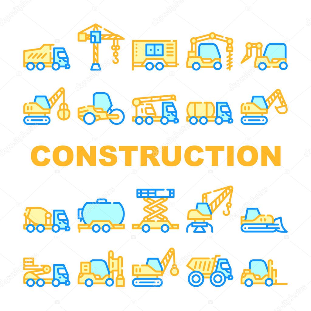 Construction Vehicle Collection Icons Set Vector. Construction Crane And Bulldozer, Wheel And Skid Loader, Scissor Lift And Concrete Mixer Concept Linear Pictograms. Contour Illustrations