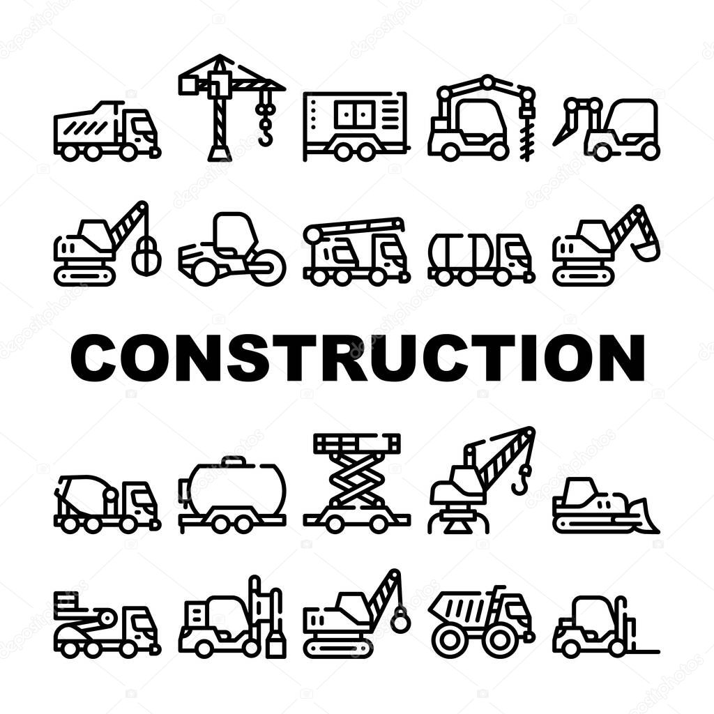 Construction Vehicle Collection Icons Set Vector. Construction Crane And Bulldozer, Wheel And Skid Loader, Scissor Lift And Concrete Mixer Concept Linear Pictograms. Contour Illustrations