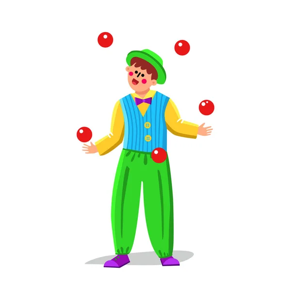 Jongleur clown jongleren ballen in grappige pak vector — Stockvector