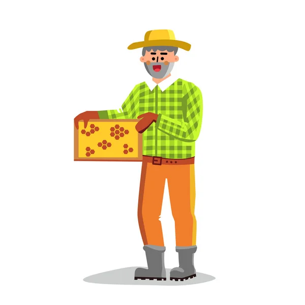 Apicultura trabajador hombre celebración panal aislado ilustración — Vector de stock