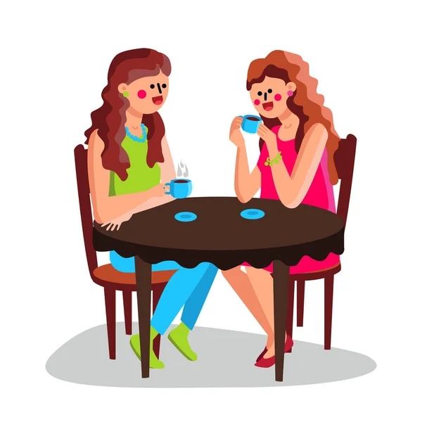 Dívky pijící horkou kávu v Cafe Table Vector — Stockový vektor
