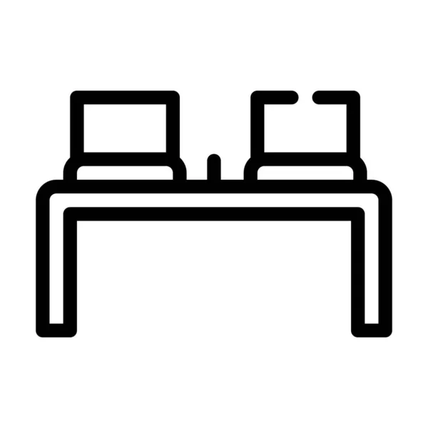 Mesa del lugar de trabajo con ilustración de vector de icono de línea portátil — Vector de stock