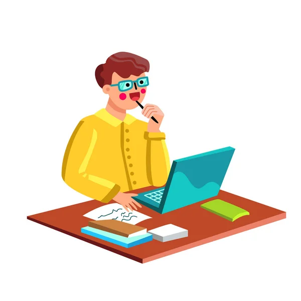 Writer Man Working At Desk With Laptop Vector — Stock Vector