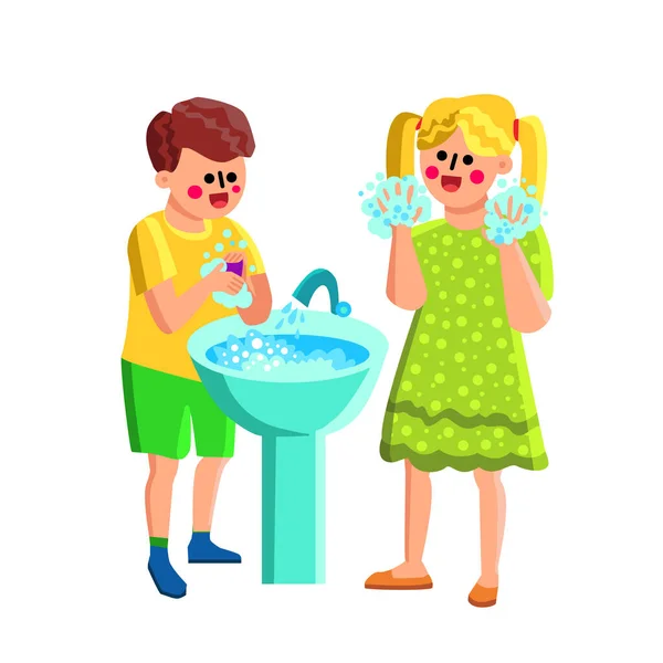 Ragazzo e ragazza lavaggio sapone mani in lavandino vettoriale — Vettoriale Stock
