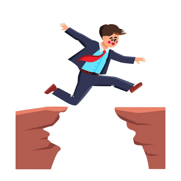 Empresário saltando sobre Abismo Desafio Vector Ilustração —  Vetores de Stock