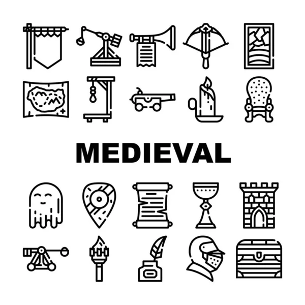 Medieval Edad Media Colección Iconos Set Vector — Vector de stock