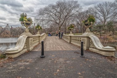 New York, Usa - 17 Aralık 2018: Central Park 'taki yay köprüsü, New York şehri gündüz manzarası 