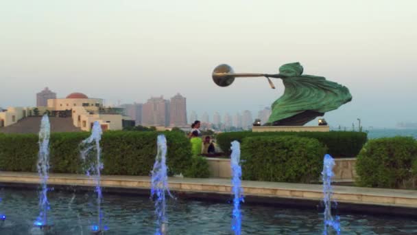 Katara Cultural Village Doha Qatar Showing Force Nature Statue Fountain — Stock Video