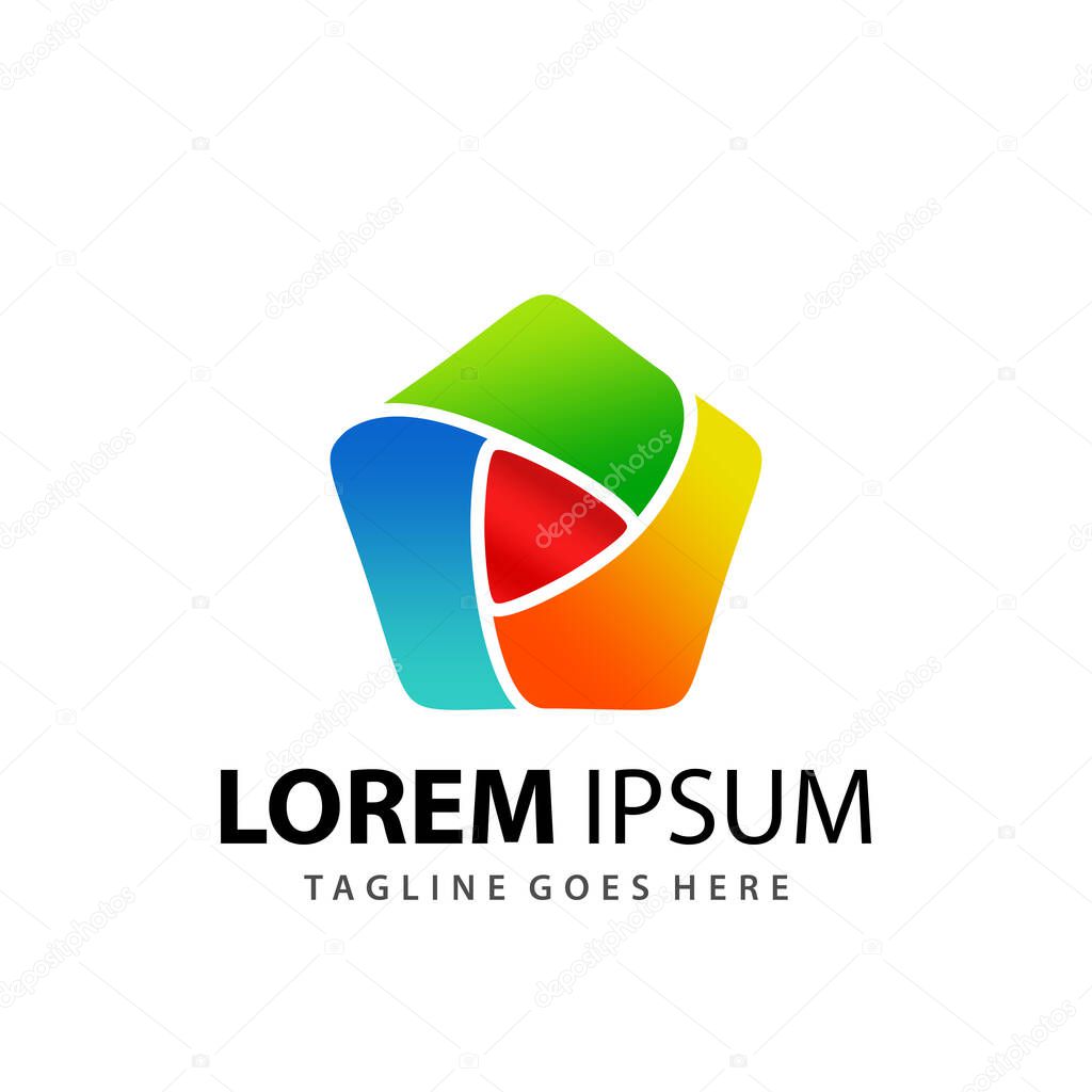 Abstract Gradient Pentagon Play Media Button Logo Design Template Premium Vector
